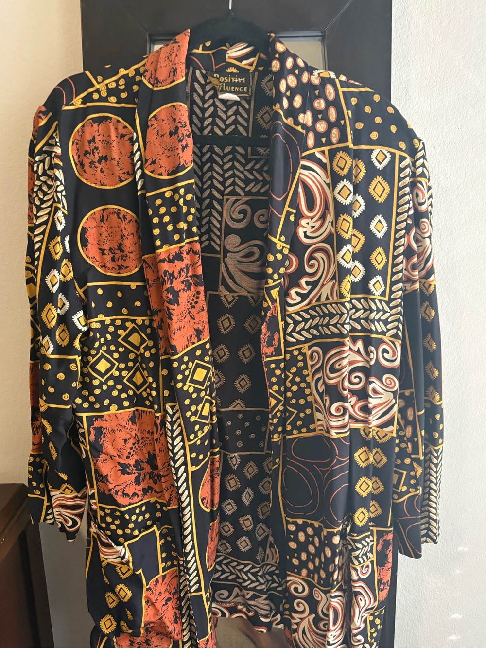 Women's Black Patterned Button-Up blazer - Orange & Gold Print